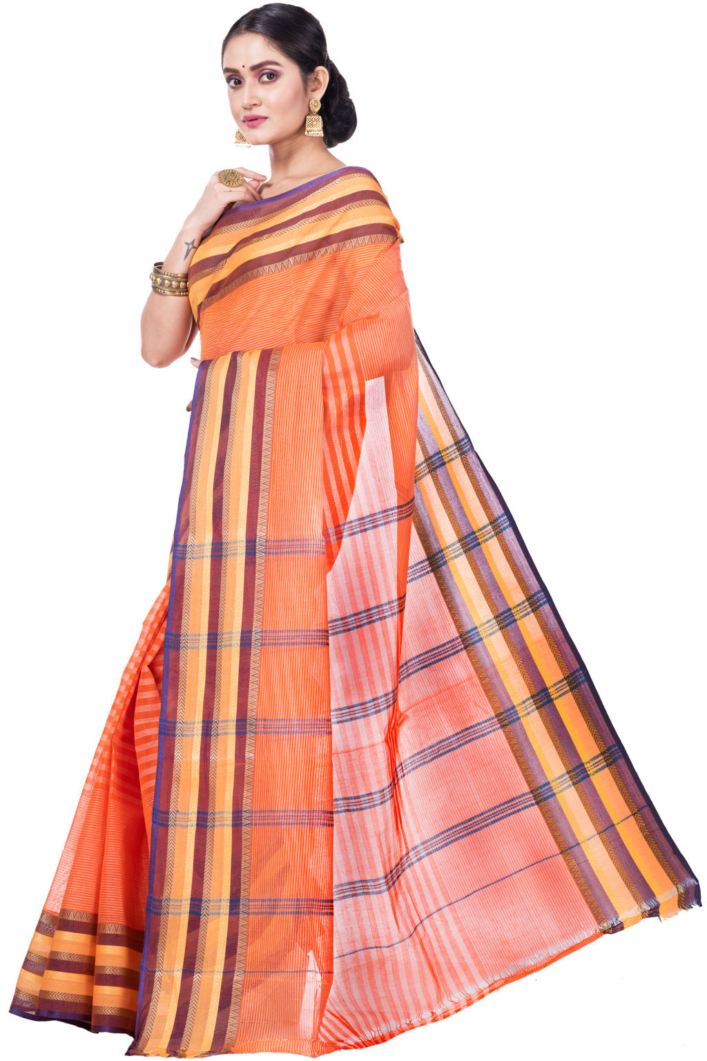 Orange Pure Cotton Khajur_Churi_Strip Tant Saree (656)